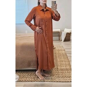 Banana Republic Satin Maxi Shirt Dress Dark Orange Collared Long Sleeve Button L